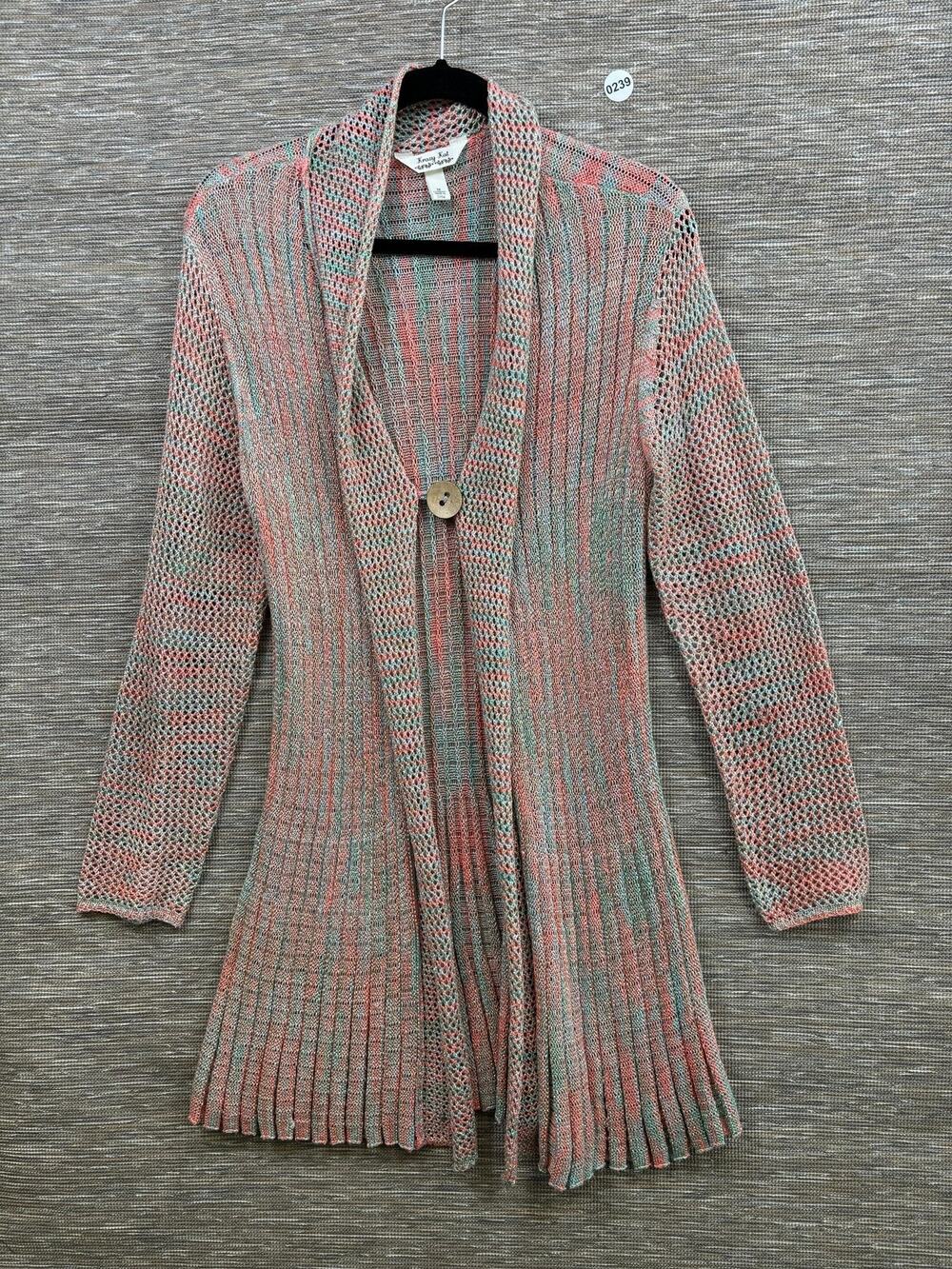 Krazy Kat Cardigan Sweater Womens M Multicolor Open Knit Button Front Glitter